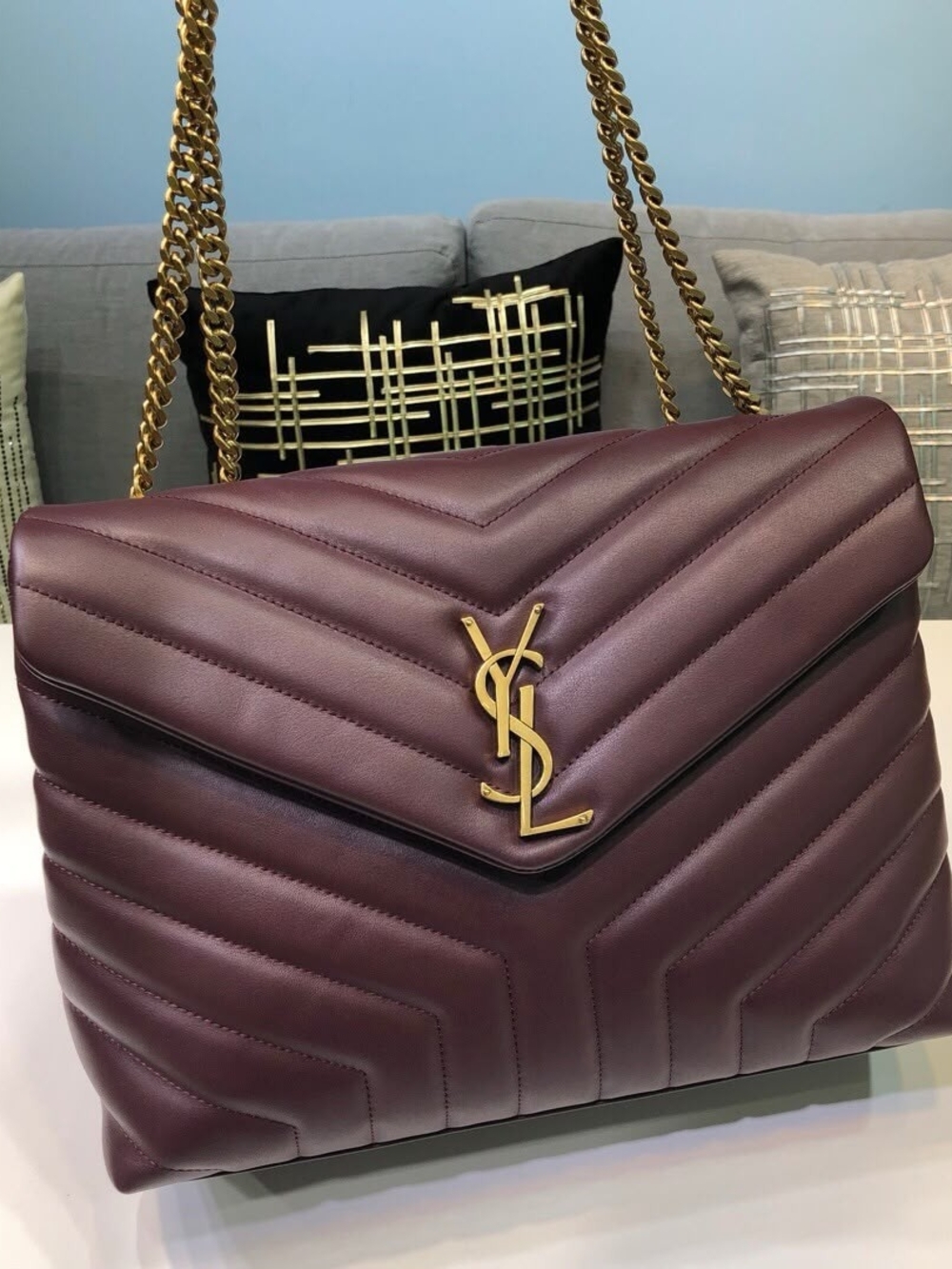 Saint Laurent Quilted Leather Shoulder Bag in Burgundy
